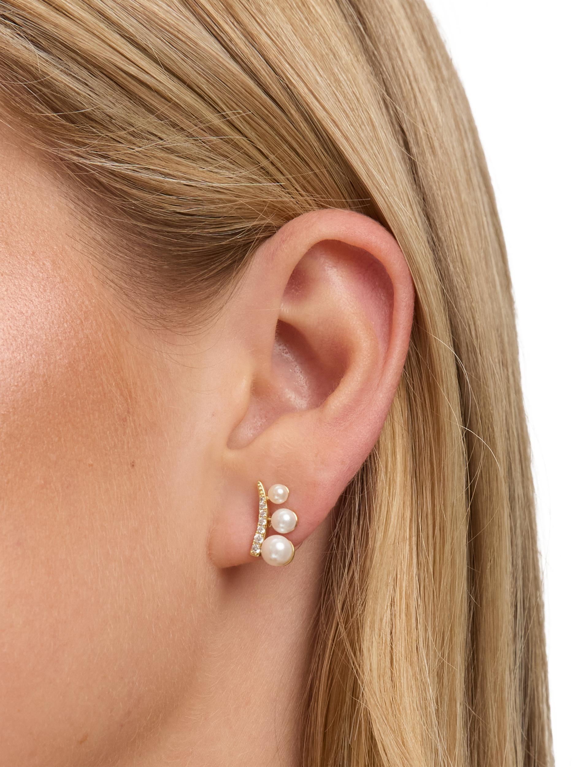 Product image 2 of 3, which shows Jon Richard Pearl Mini Climber Earrings, Gold