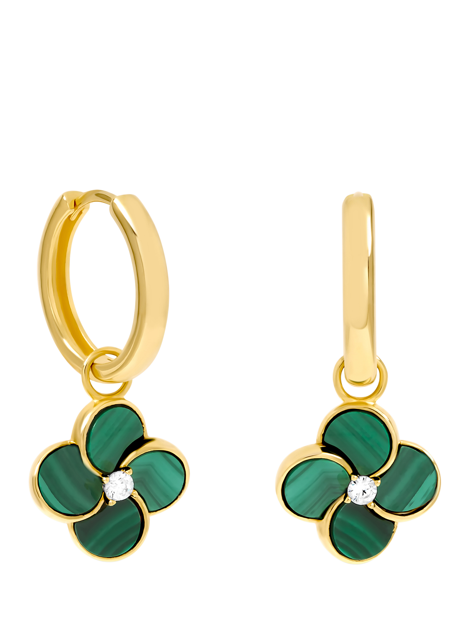 Product image 1 of 1, which shows Jon Richard Malachite Four Leaf Clover Huggie Earrings, Gold