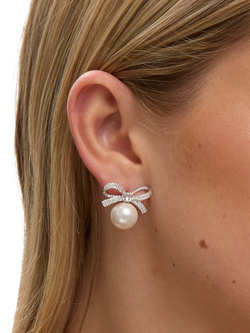 Jon Richard Crystal Bow and Pearl Earrings, Silver - view 2, Silver