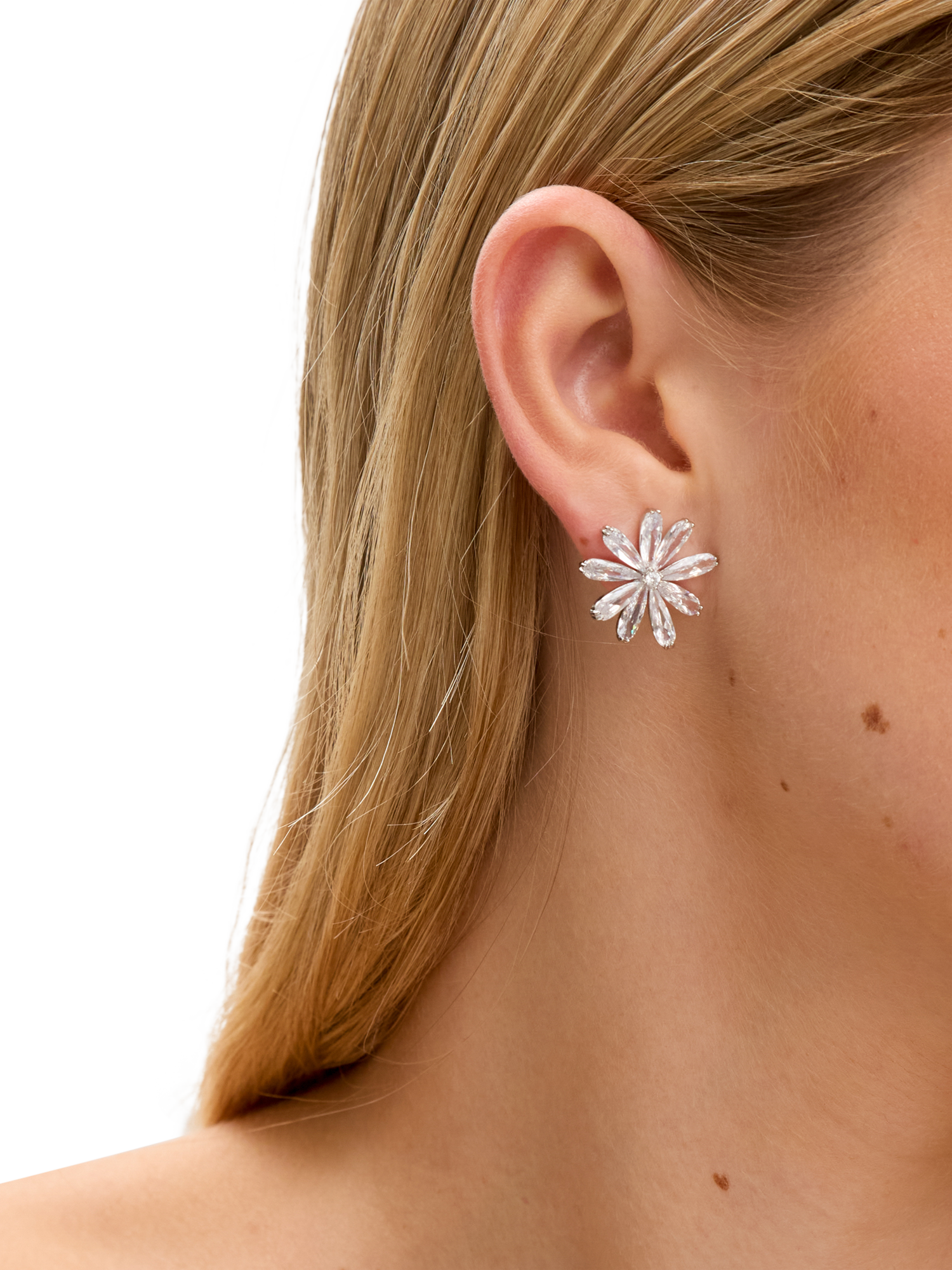Product image 2 of 3, which shows Jon Richard Cubic Zirconia Flower Stud Earrings, Silver