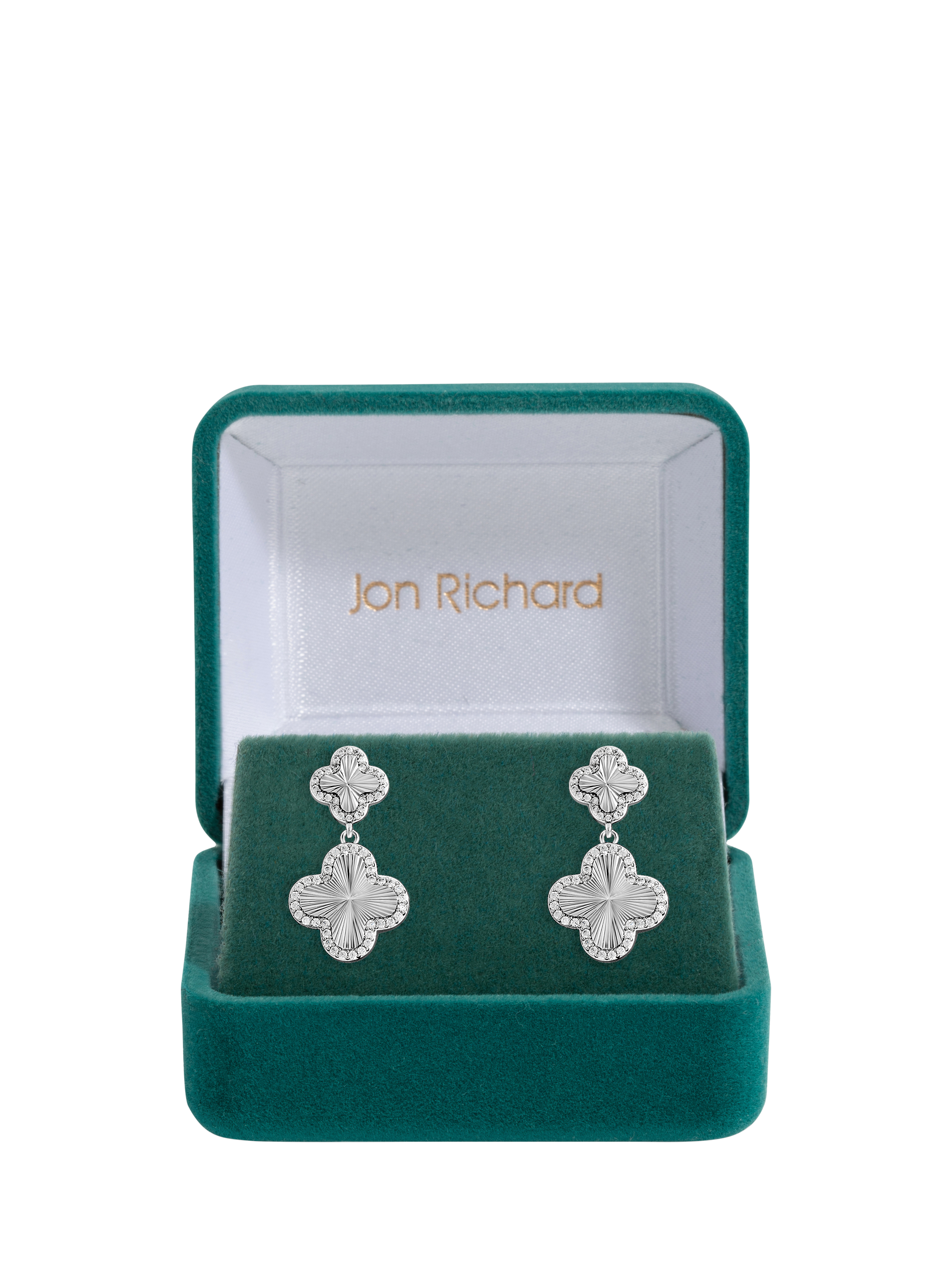 Product image 2 of 2, which shows Jon Richard Diamond Clover Double Drop Earrings, Silver