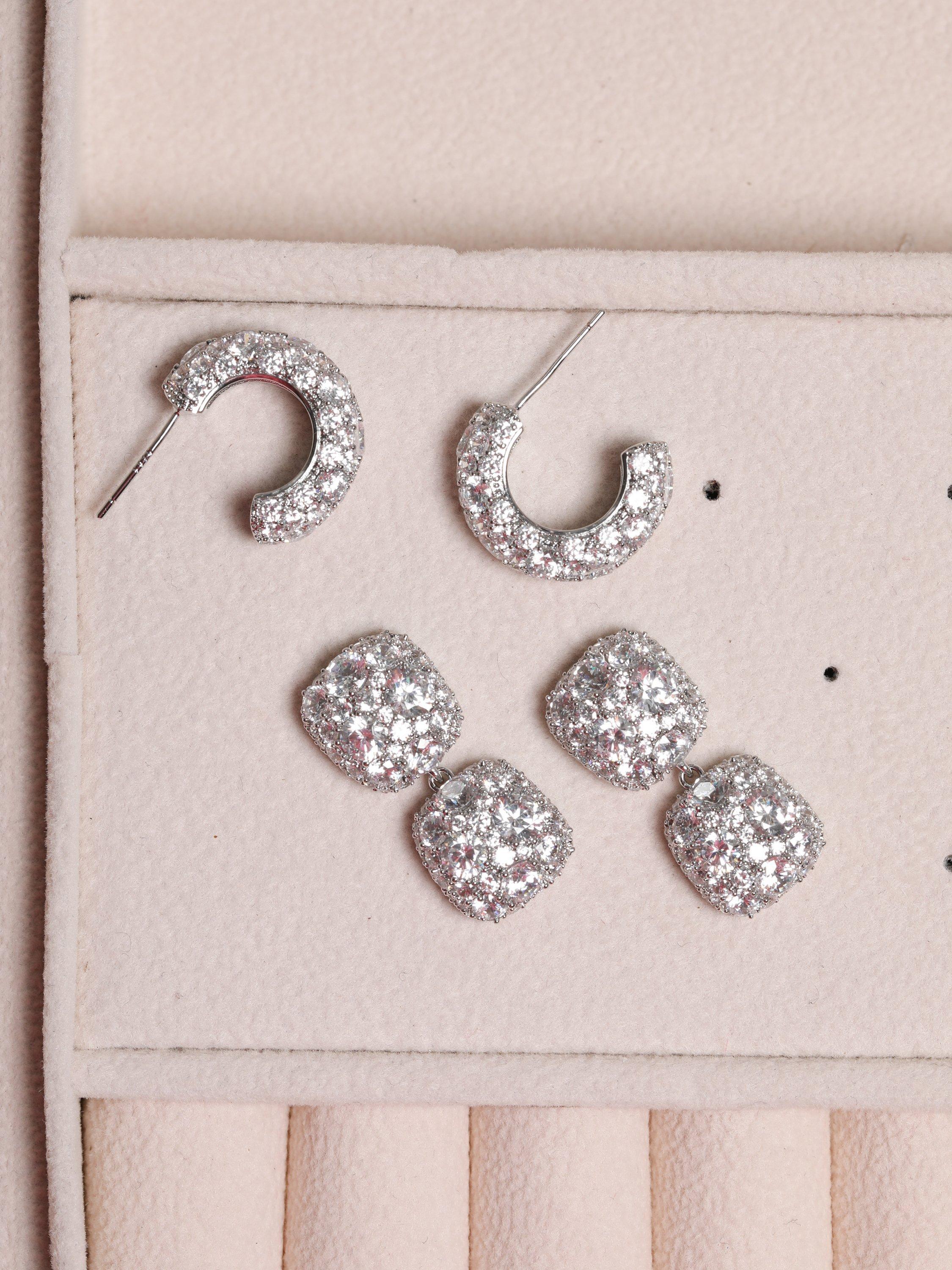 Product image 3 of 3, which shows Jon Richard Pave Square Double Drop Earrings, Silver