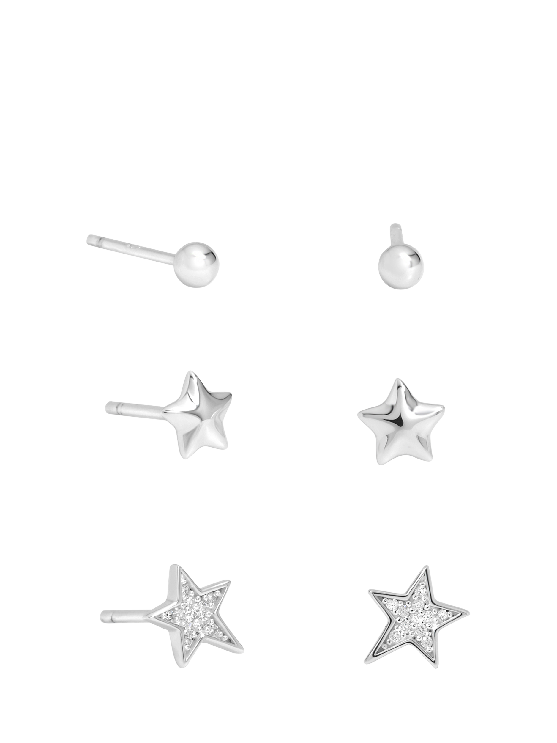 Product image 1 of 3, which shows Simply Silver Cubic Zirconia Celestial Stud Earrings, Pack of 3, Silver