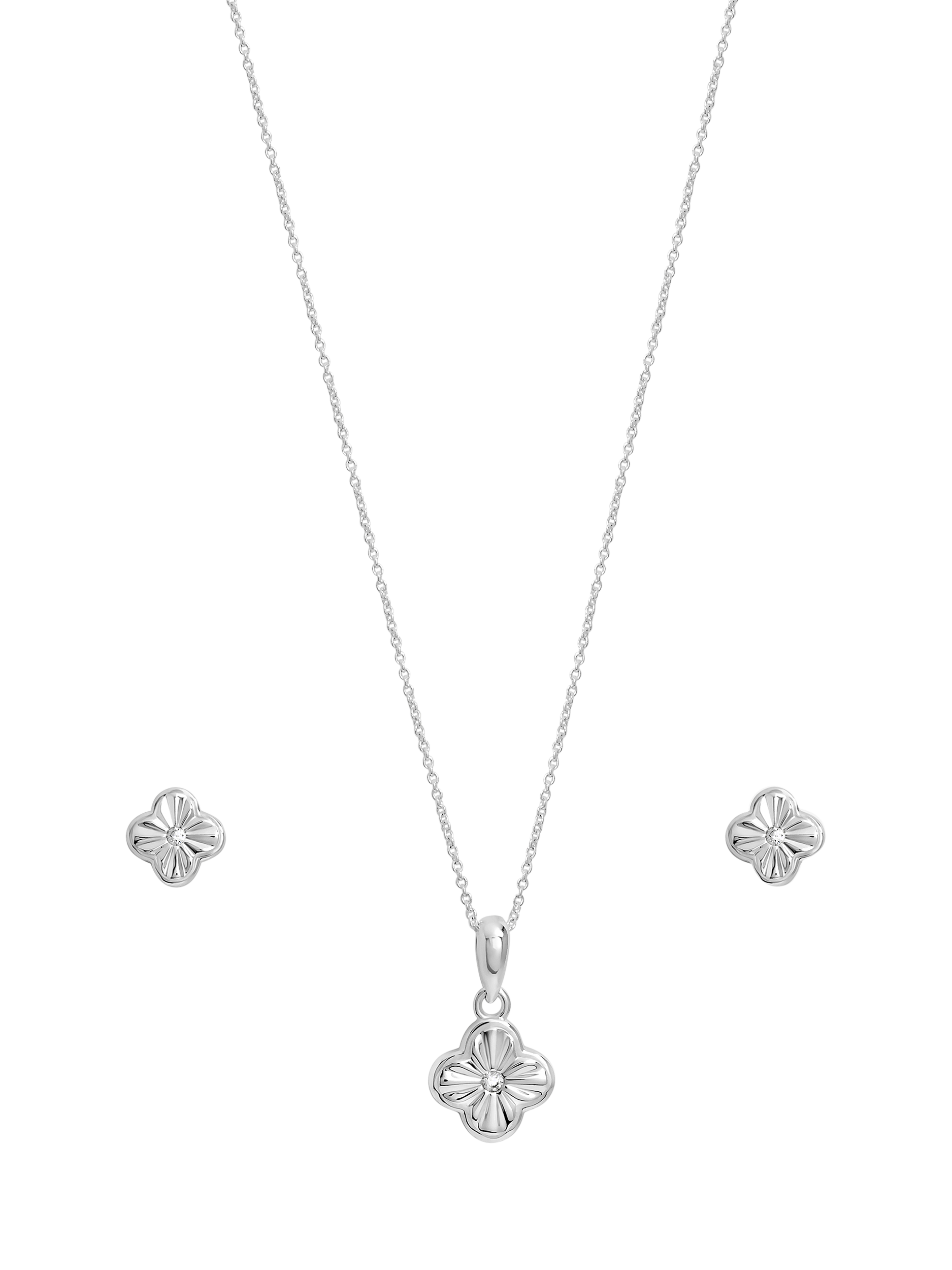 Product image 1 of 5, which shows Simply Silver Diamond Cut Clover Stud Earrings and Necklace Set, Silver
