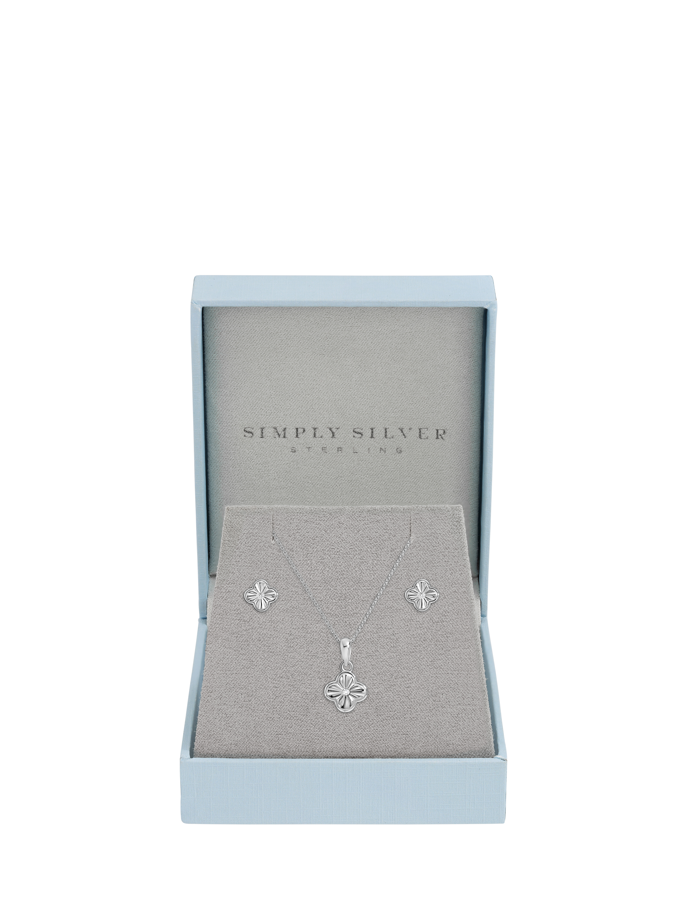 Product image 2 of 5, which shows Simply Silver Diamond Cut Clover Stud Earrings and Necklace Set, Silver
