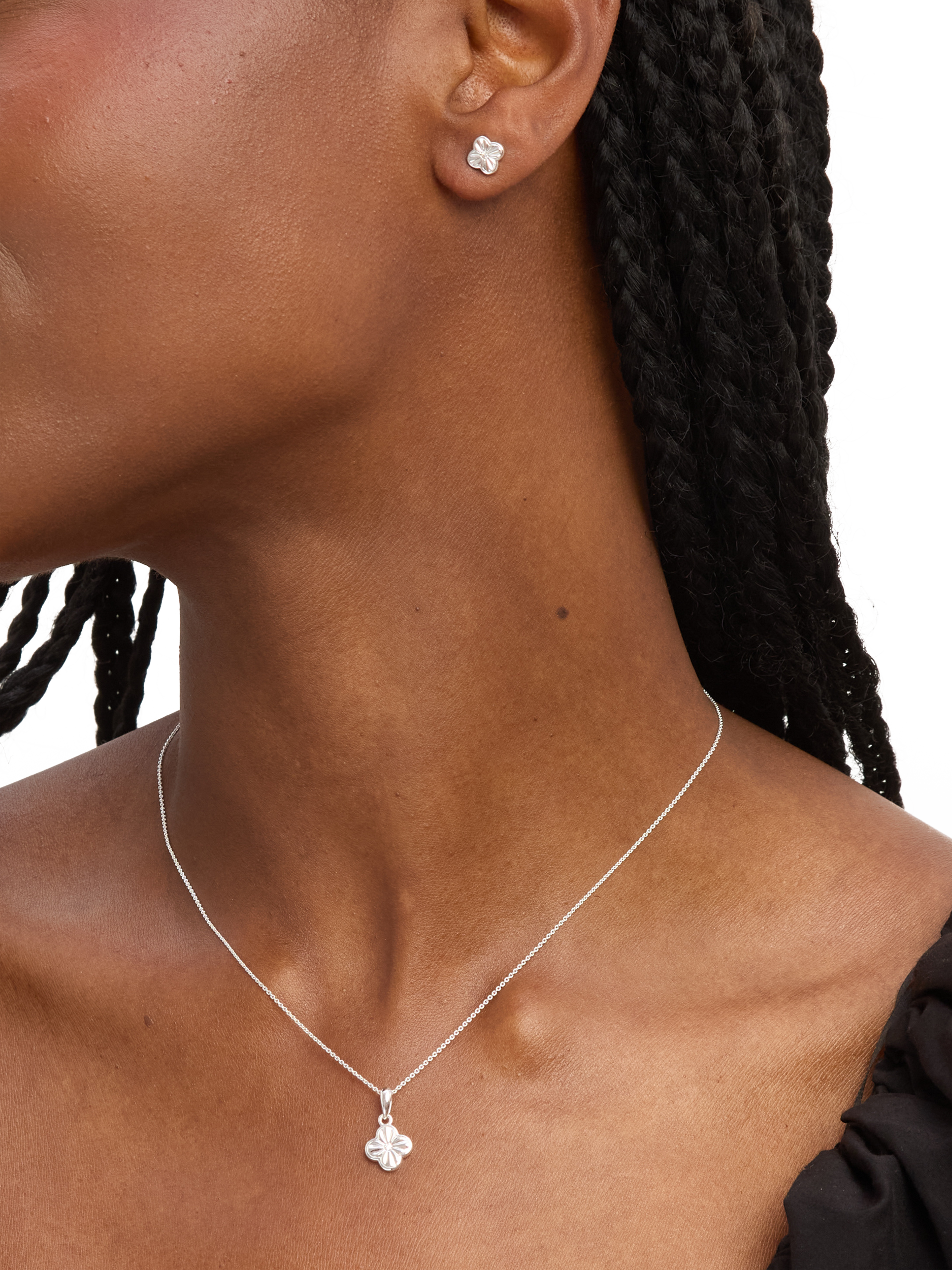 Product image 3 of 5, which shows Simply Silver Diamond Cut Clover Stud Earrings and Necklace Set, Silver