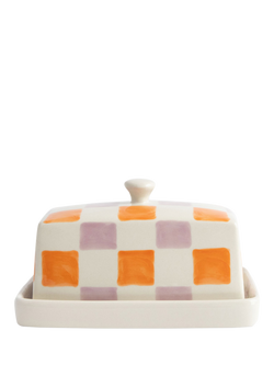 Caroline Gardner Check Ceramic Stoneware Butter Dish, Lilac/Coral, Lilac/Coral
