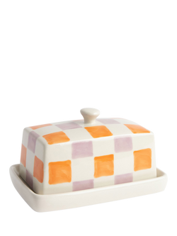 Caroline Gardner Check Ceramic Stoneware Butter Dish, Lilac/Coral - view 2, Lilac/Coral