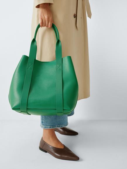 John Lewis Luxe Leather Twin Handle Tote Bag, Green - view 2, Green