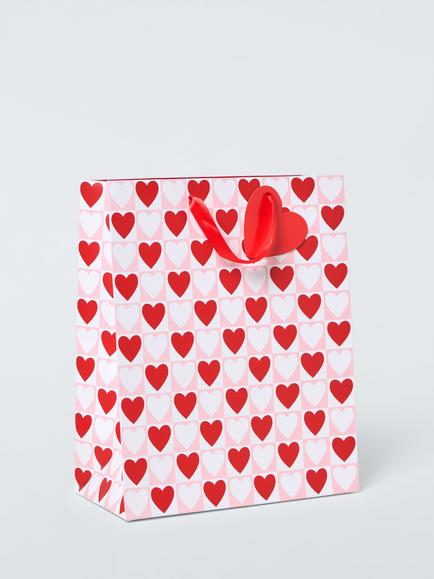 John Lewis Checked Hearts Gift Bag, Red, Red