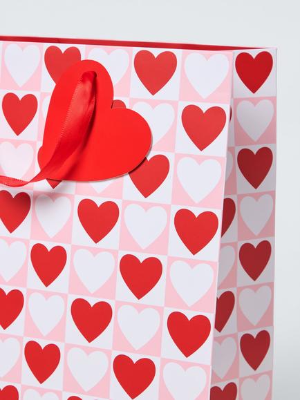 John Lewis Checked Hearts Gift Bag, Red - view 2, Red