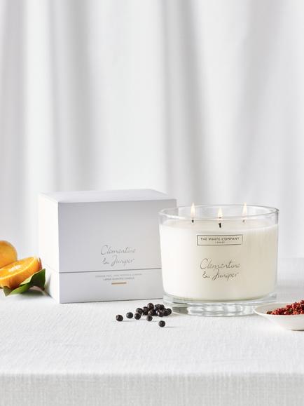 The White Company Clementine & Juniper Three Wick Scented Candle, 770g - view 2, White