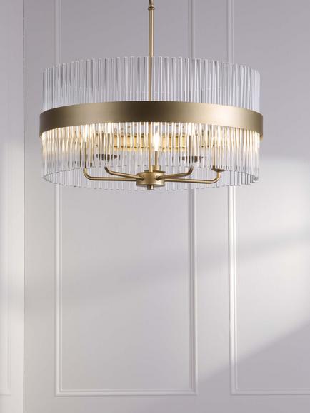 Laura Ashley Alexa 5 Arm Glass Rod Pendant Ceiling Light, Antique Brass - view 2, Metallic Brass