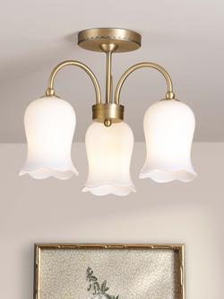 Laura Ashley Lidsell 3 Arm Scallop Glass Shade Semi Flush Ceiling Light, Matt Antique Brass - view 2, Metallic Brass