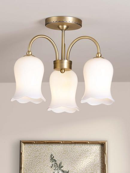 Laura Ashley Lidsell 3 Arm Scallop Glass Shade Semi Flush Ceiling Light, Matt Antique Brass - view 2, Metallic Brass