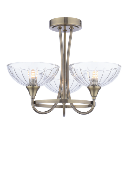 Laura Ashley Wellham 3 Arm Cut Glass Flush Ceiling Light, Antique Brass, Metallic Brass
