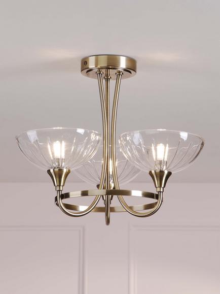 Laura Ashley Wellham 3 Arm Cut Glass Flush Ceiling Light, Antique Brass - view 2, Metallic Brass