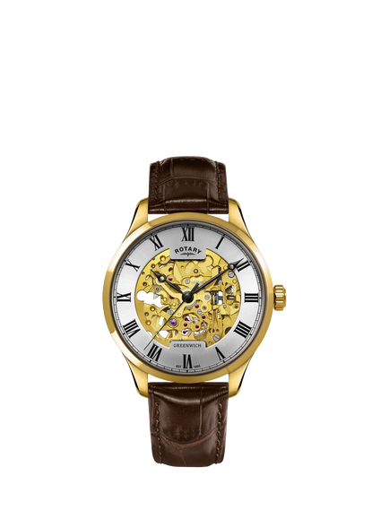 Rotary GS02941/03 Men's Greenwich Leather Strap Watch, Silver