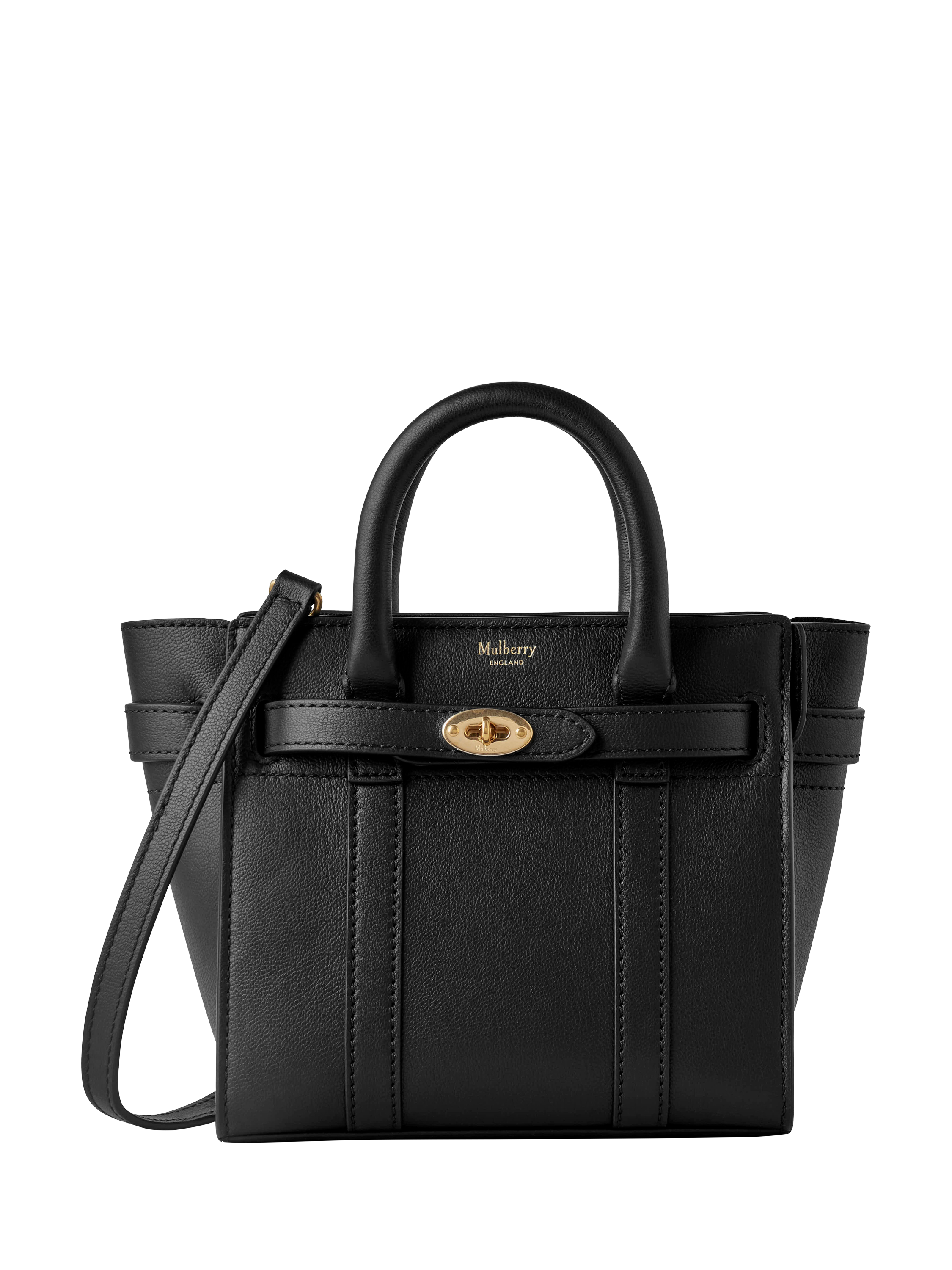 Product image 1 of 6, which shows Mulberry Micro Bayswater Leather Zipped Handbag, Black