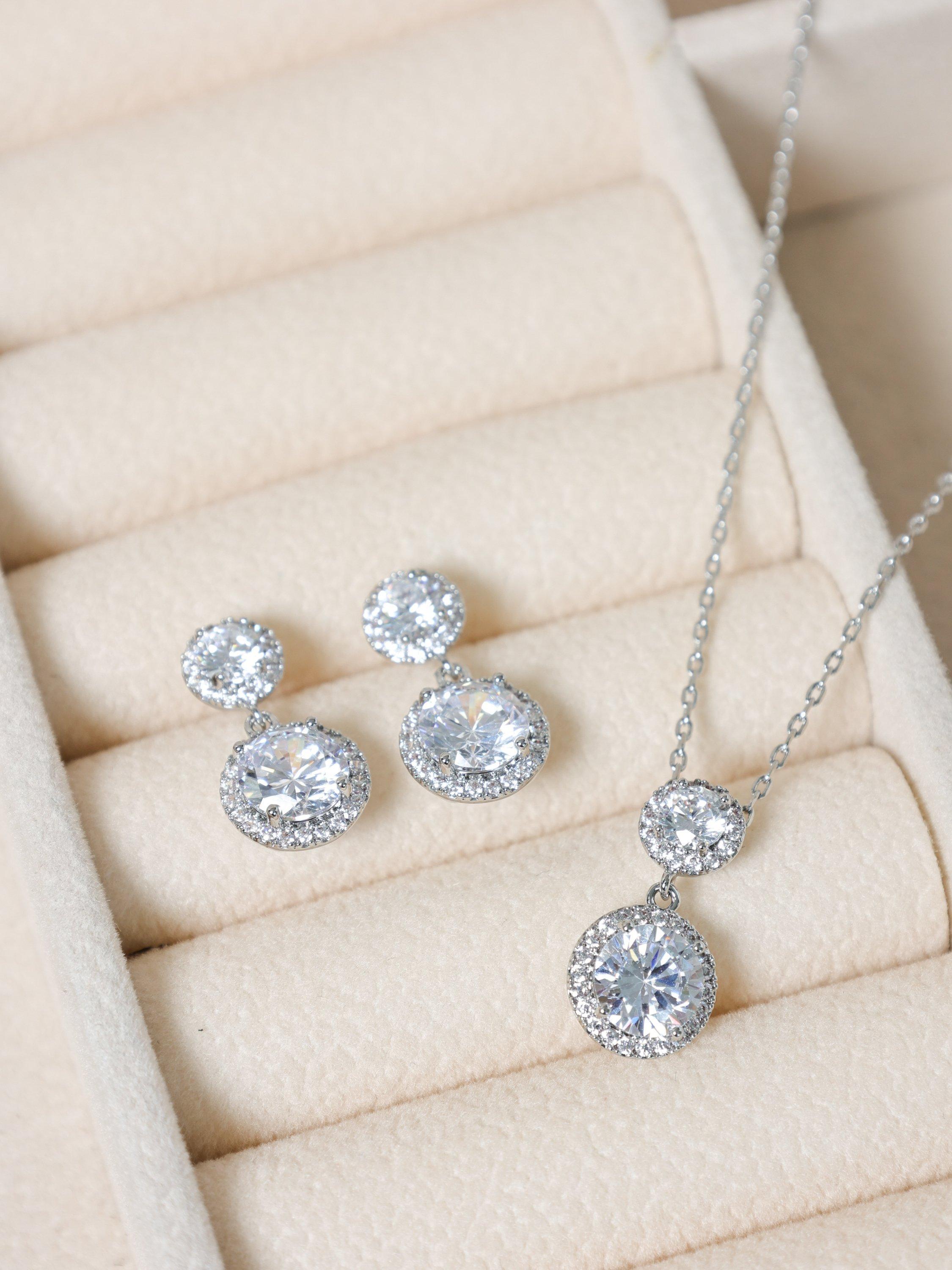 Product image 5 of 5, which shows Jon Richard Cubic Zirconia Double Halo Drop Box Set, Silver