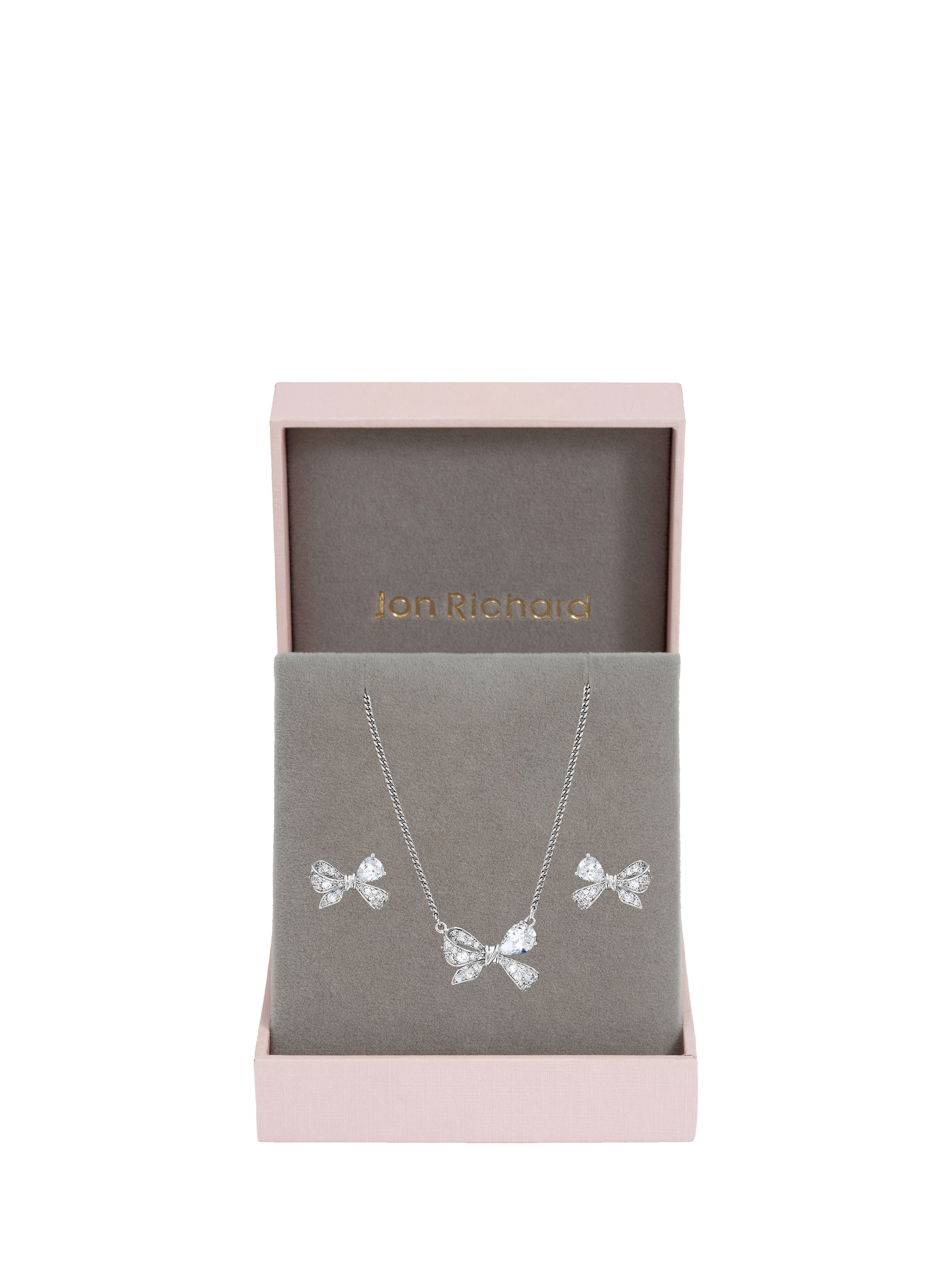 Product image 1 of 5, which shows Jon Richard Bow Necklace and Earrings Set, Silver