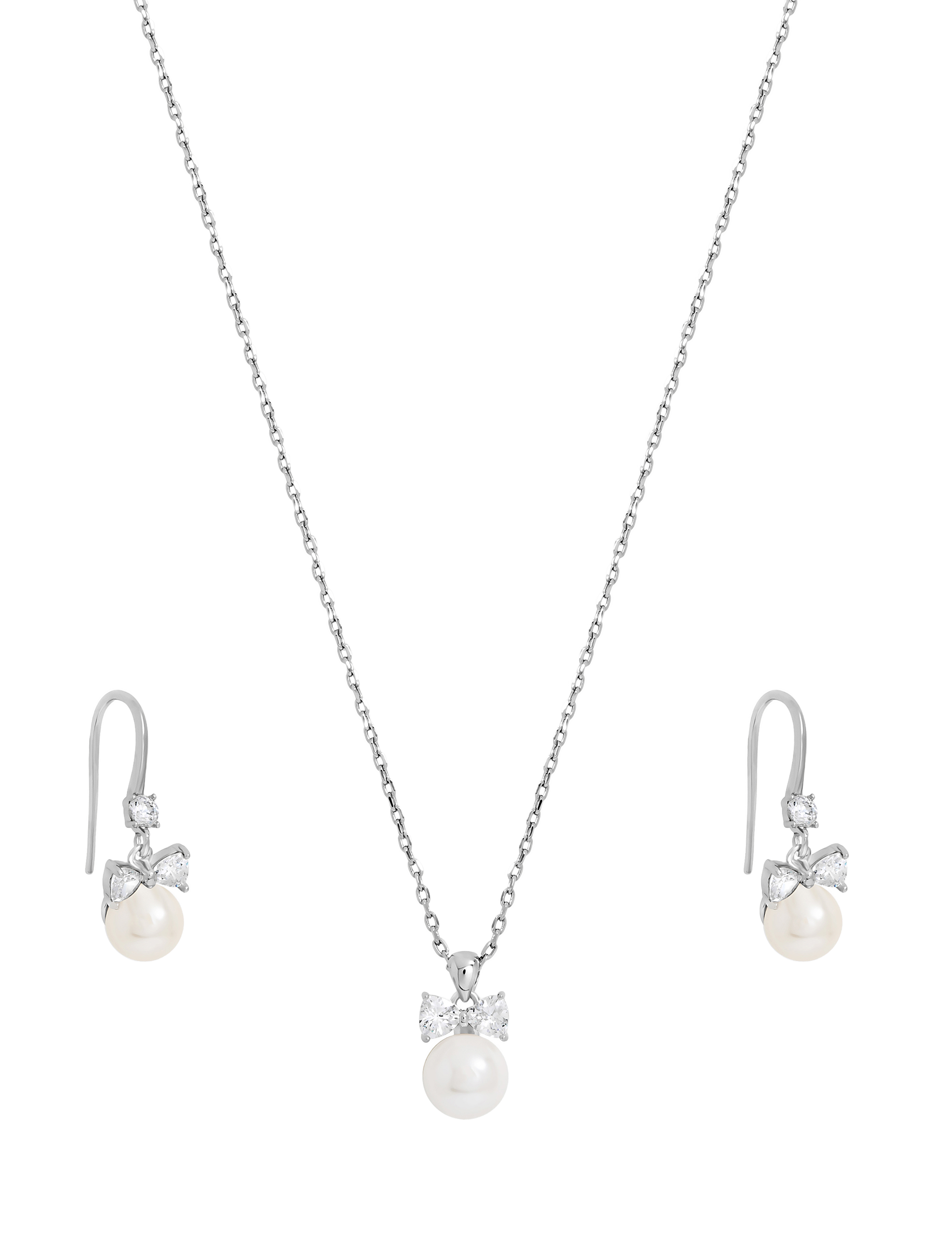 Product image 1 of 4, which shows Jon Richard Crystal Bow and Pearl Drop Set, Silver