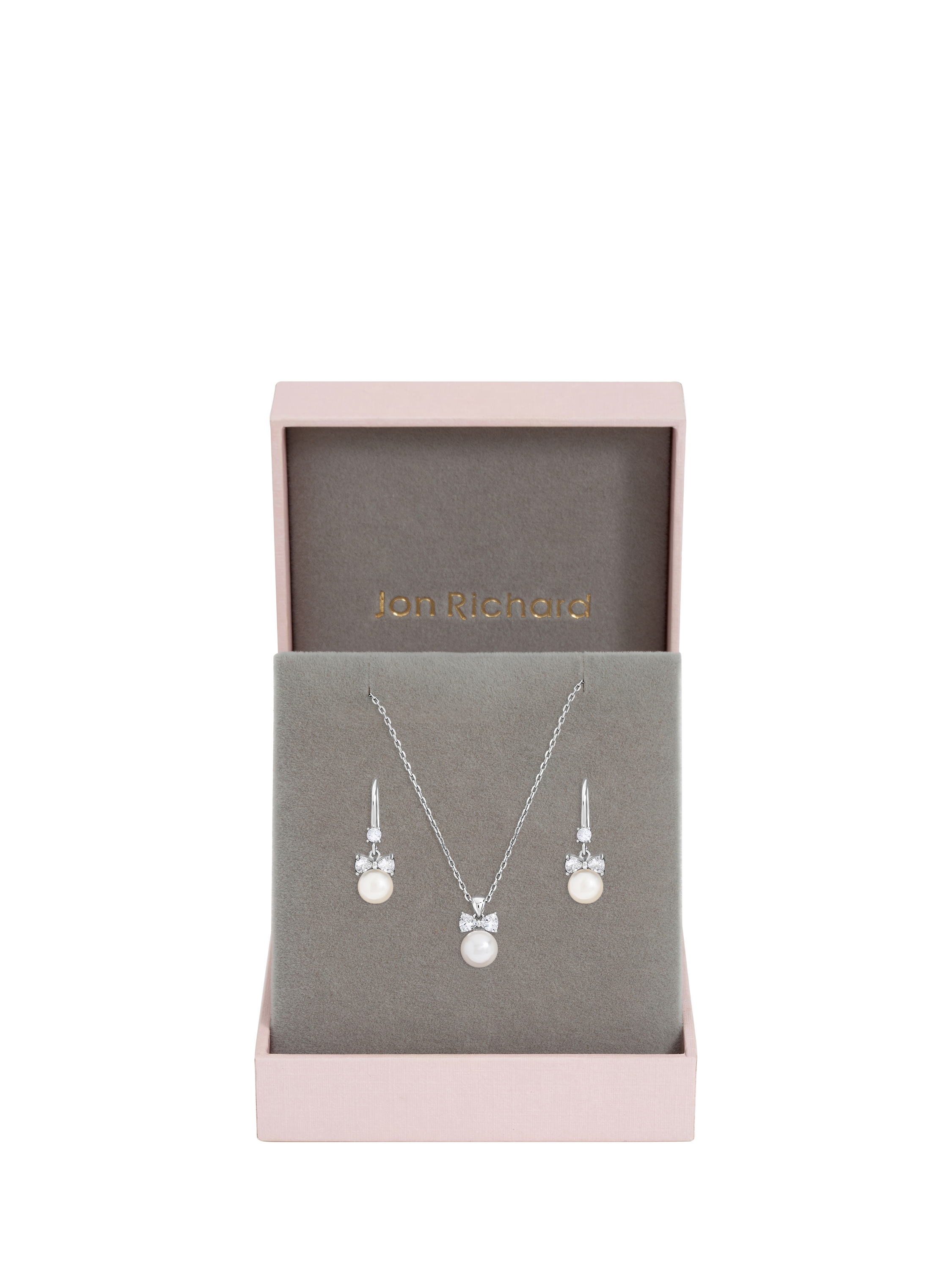 Product image 2 of 4, which shows Jon Richard Crystal Bow and Pearl Drop Set, Silver