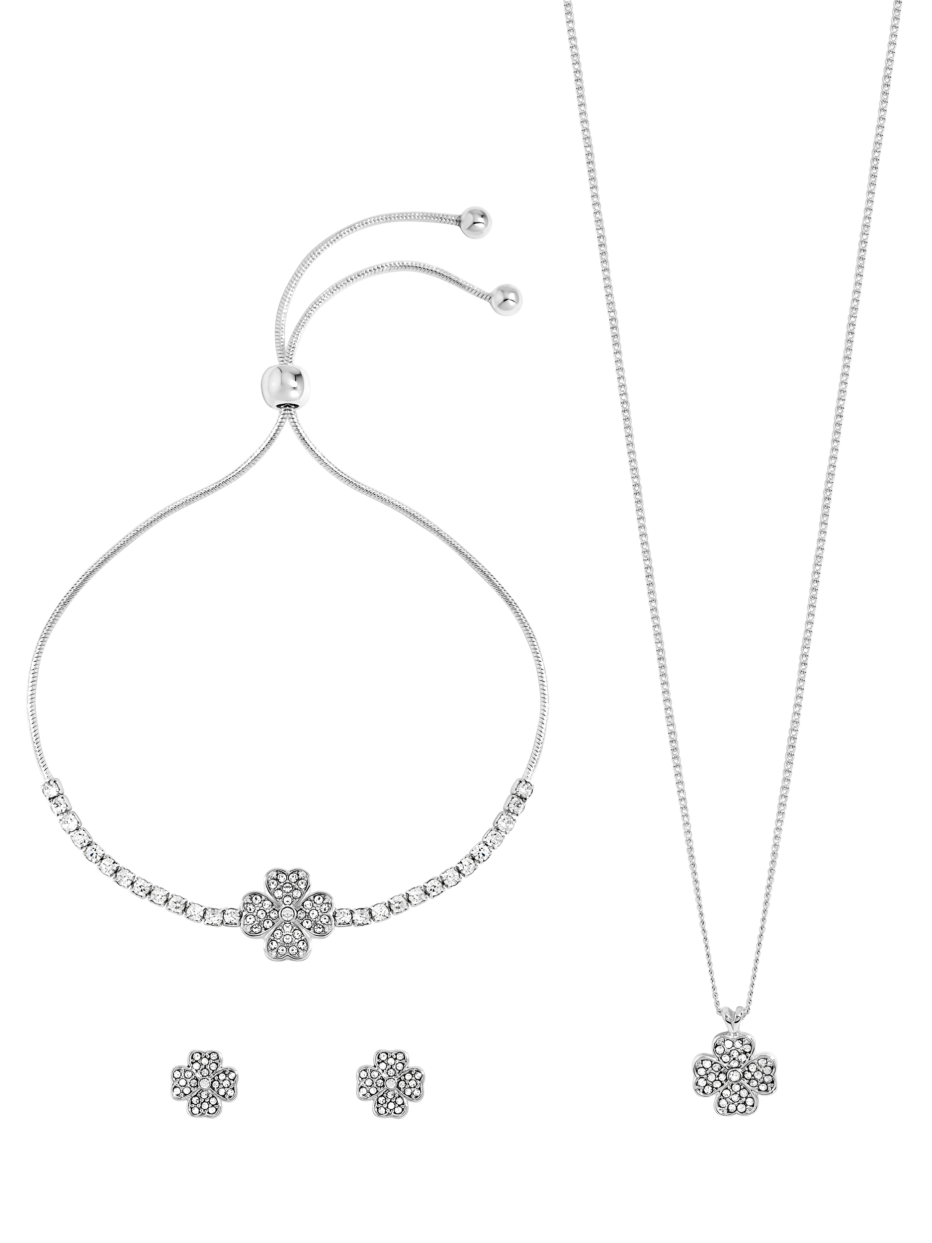 Product image 1 of 4, which shows Jon Richard Pave Clover Trio Set, Silver