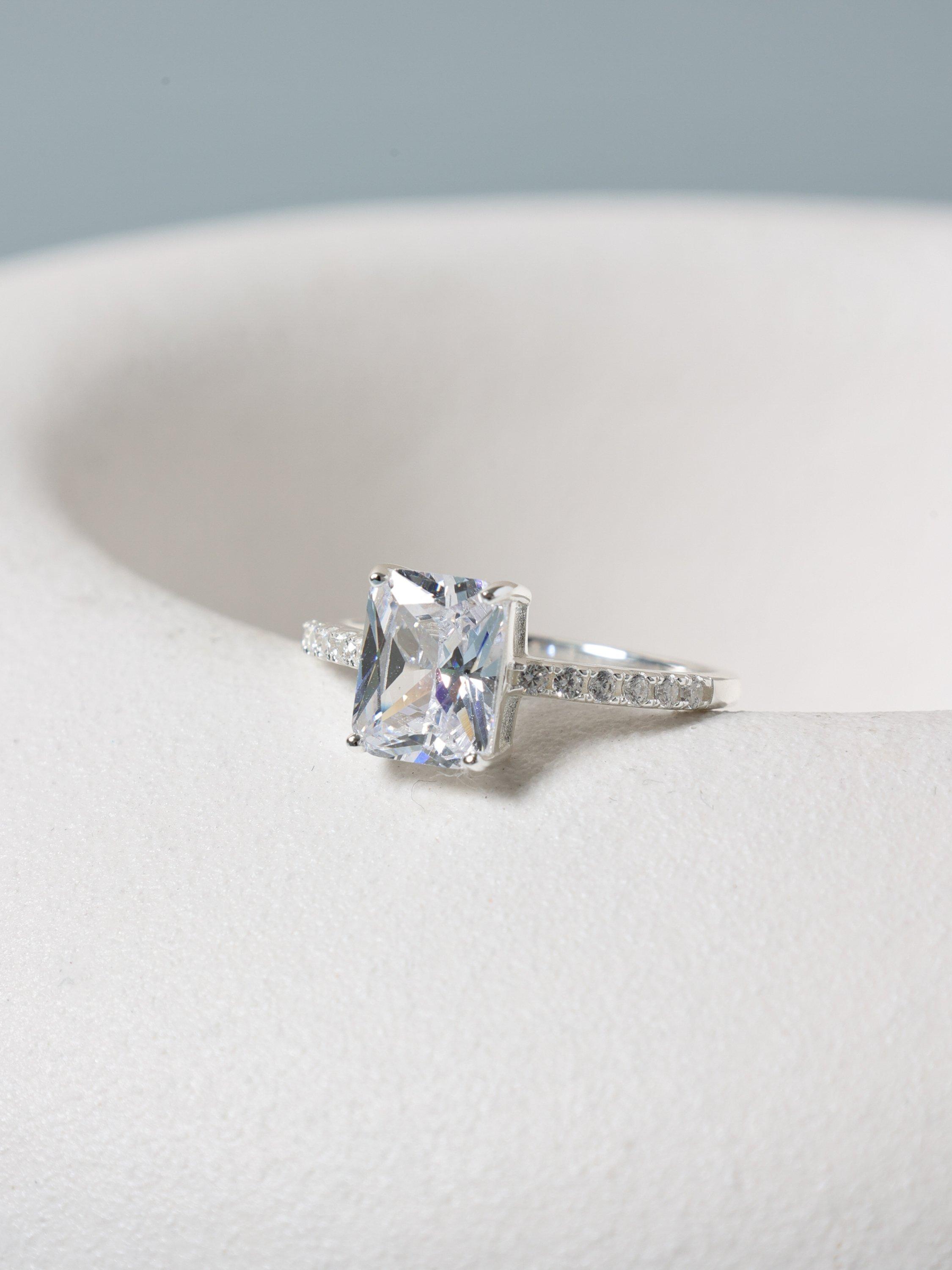 Product image 3 of 4, which shows Simply Silver Cubic Zirconia Emerald Cut Engagement Ring, L