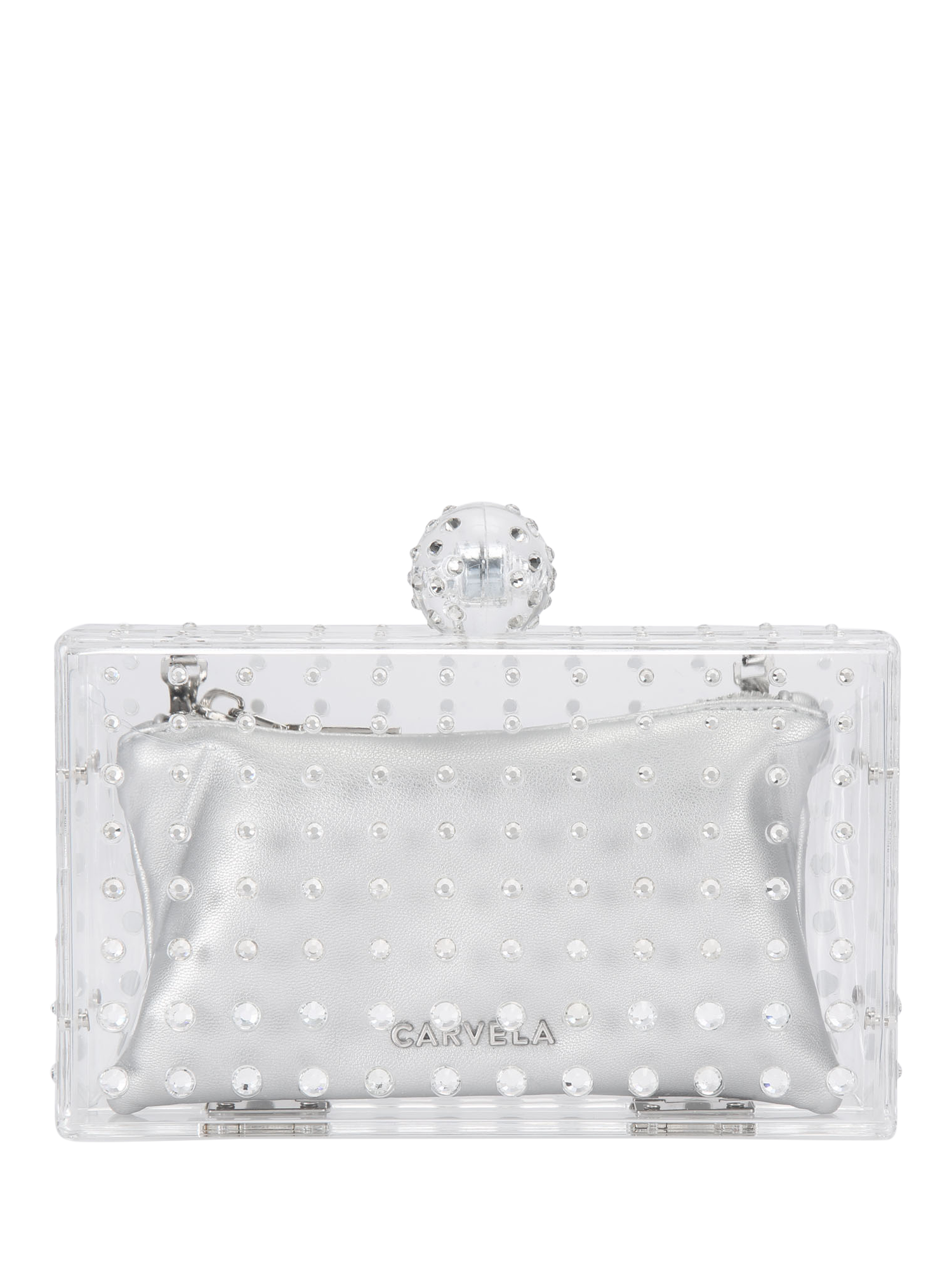 Product image 1 of 4, which shows Carvela Cristallo Embellished Clutch Bag, Silver