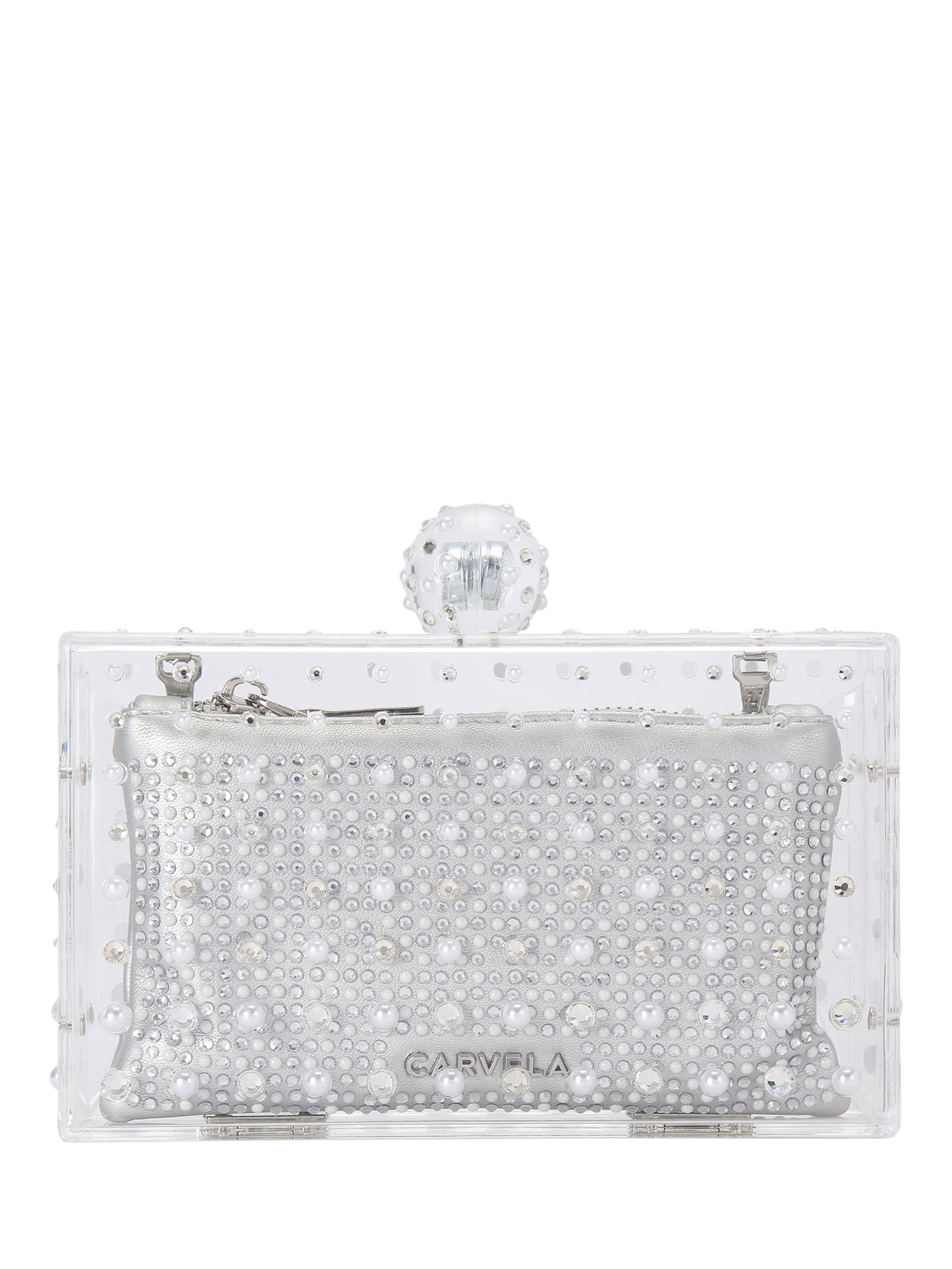 Product image 1 of 4, which shows Carvela Cristallo Embellished Clutch Bag, Silver