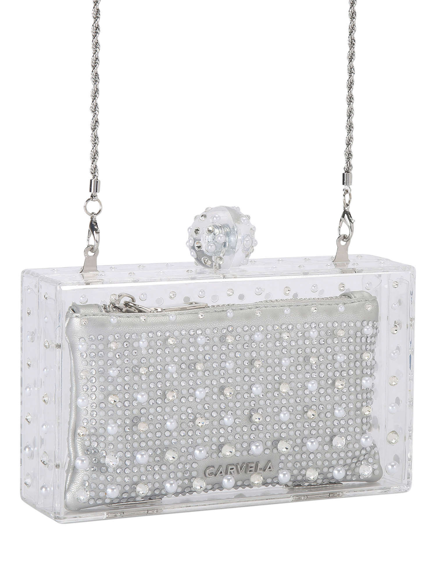 Product image 2 of 4, which shows Carvela Cristallo Embellished Clutch Bag, Silver