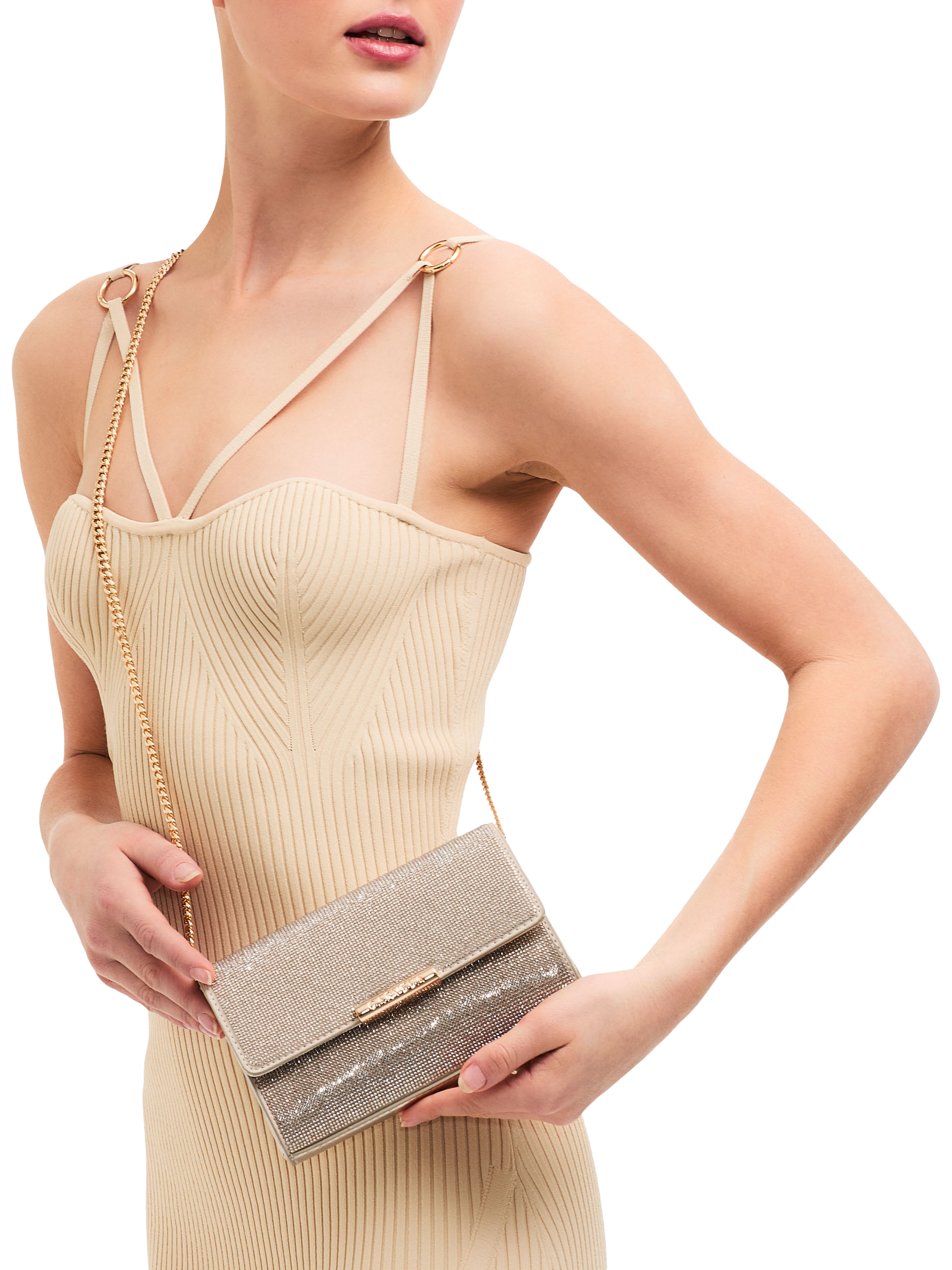 Product image 2 of 5, which shows Carvela Gala Embellished Clutch Bag, Gold