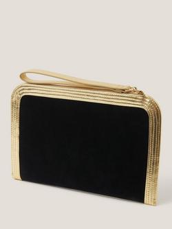 Monsoon Lottie Metallic Suedette Clutch Bag, Black/Gold, Black/Gold