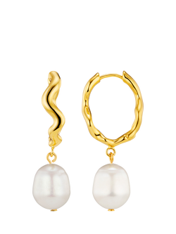 Orelia Oval Wave Drop Hoop Earrings, Pearl, Pearl
