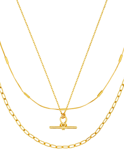 Orelia Dainty T-Bar 3-Row Necklace, Pale Gold - view 2, Pale Gold