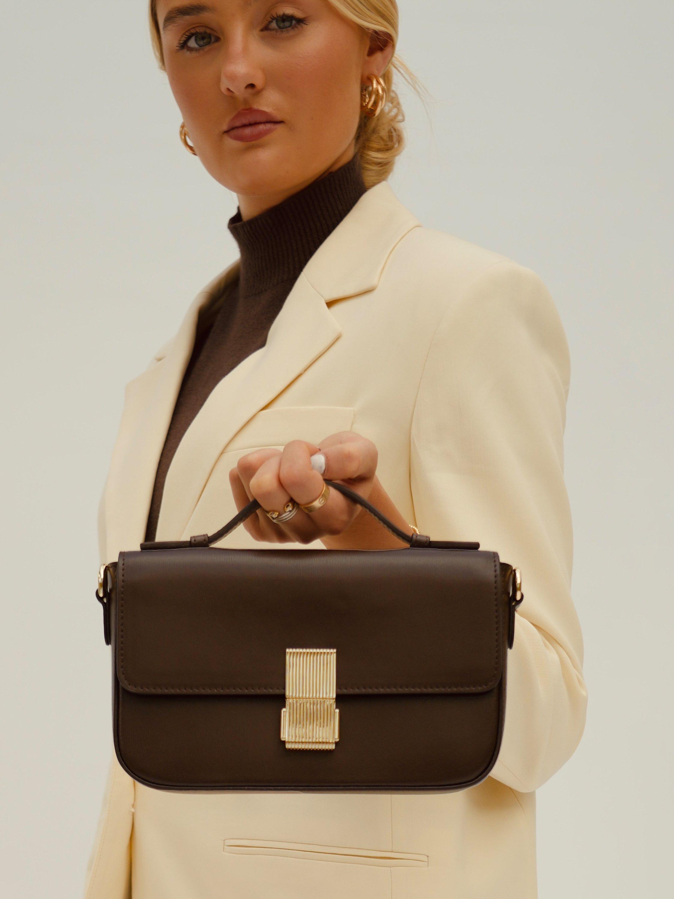 Product image 6 of 6, which shows Apatchy London Flora Leather Top Handle Bag, Chocolate