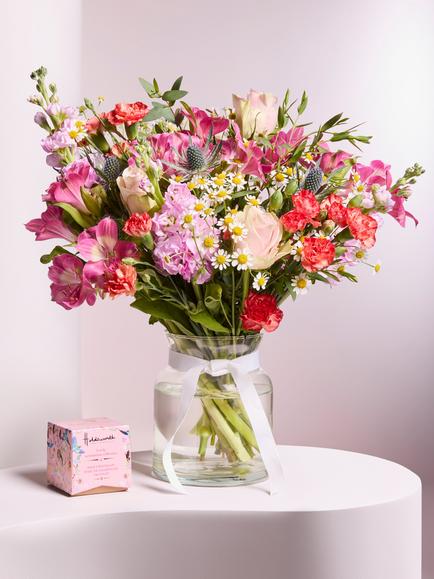 John Lewis Peach & Lilac Hand Tied Bouquet, Vase & Chocolates, Blue Royal
