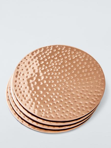 John Lewis Hammered Stainless Steel Round Coasters, Set of 4 - view 2, Metallic Copper