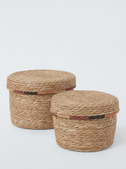 John Lewis Coloured Edge Storage Baskets with Lid, Set of 2, Natural, Natural