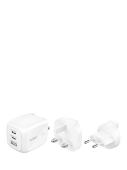 Belkin BoostCharge Pro 3 Port Wall Charger, 70W & Travel Adapter Kit, White, White