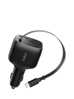 Belkin Retractable 2-Port USB-C & USB-A Car Charger, 75W, Black, Black