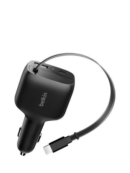 Belkin Retractable 2-Port USB-C & USB-A Car Charger, 75W, Black, Black