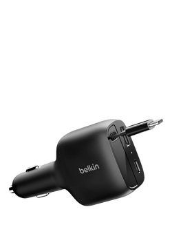 Belkin Retractable 2-Port USB-C & USB-A Car Charger, 75W, Black - view 2, Black