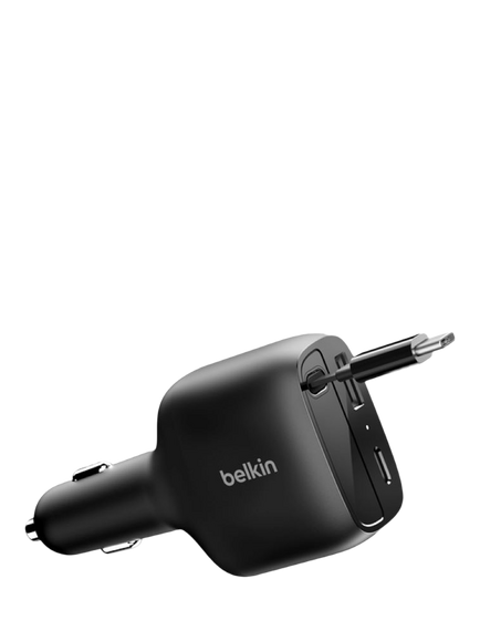 Belkin Retractable 2-Port USB-C & USB-A Car Charger, 75W, Black - view 2, Black
