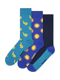 Happy Socks Everyday Banana Socks, Pack of 3, Blue/Multi, Blue/Multi