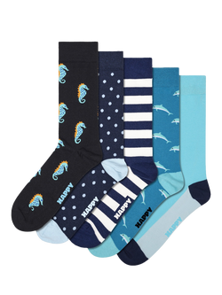 Happy Socks Everyday Sea Socks, Pack of 5, Blue/Multi, Blue/Multi