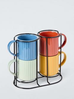 John Lewis Stoneware Mugs with Stand, Set of 4, 330ml, Multi, Multi Multi