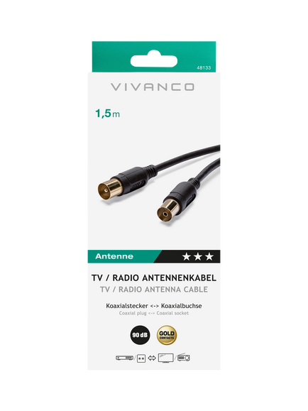 Vivanco Coaxial Aerial Cable, 90dB, 1.5m, Black - view 2, Black