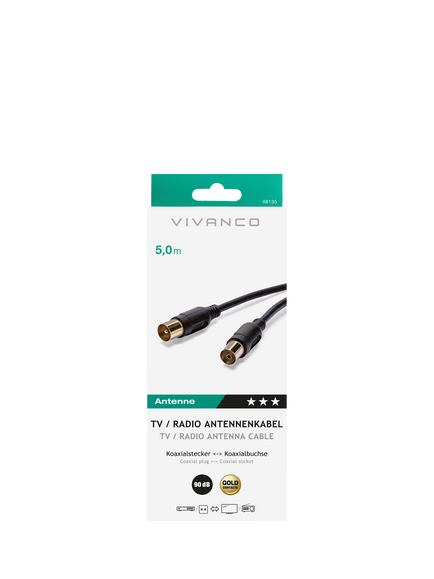 Vivanco Coaxial Aerial Cable, 90dB, 5m, Black - view 2, Black